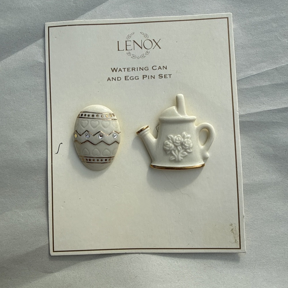Lenox Watering Can and Egg Pin Set 24 Karat Gold Trim & Rhinestones Spring